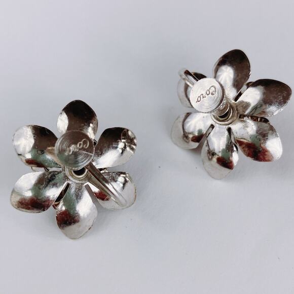 VTG Signed Coro Screw Back Earrings Black Enamel Rhinestone Mid Century - Picture 8 of 10